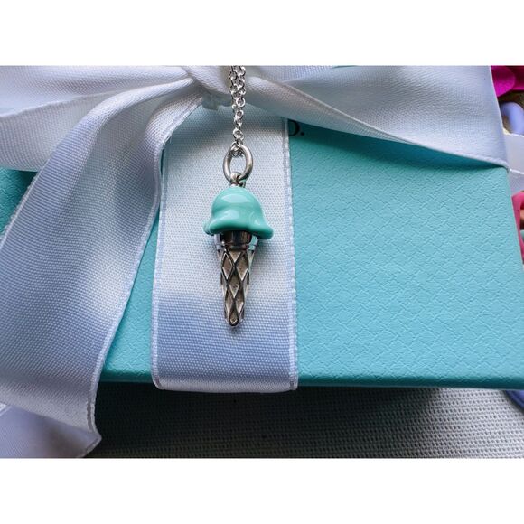 Tiffany & Co. BLUE Enamel Ice Cream Cone Charm Pendant Silver - Picture 1 of 6